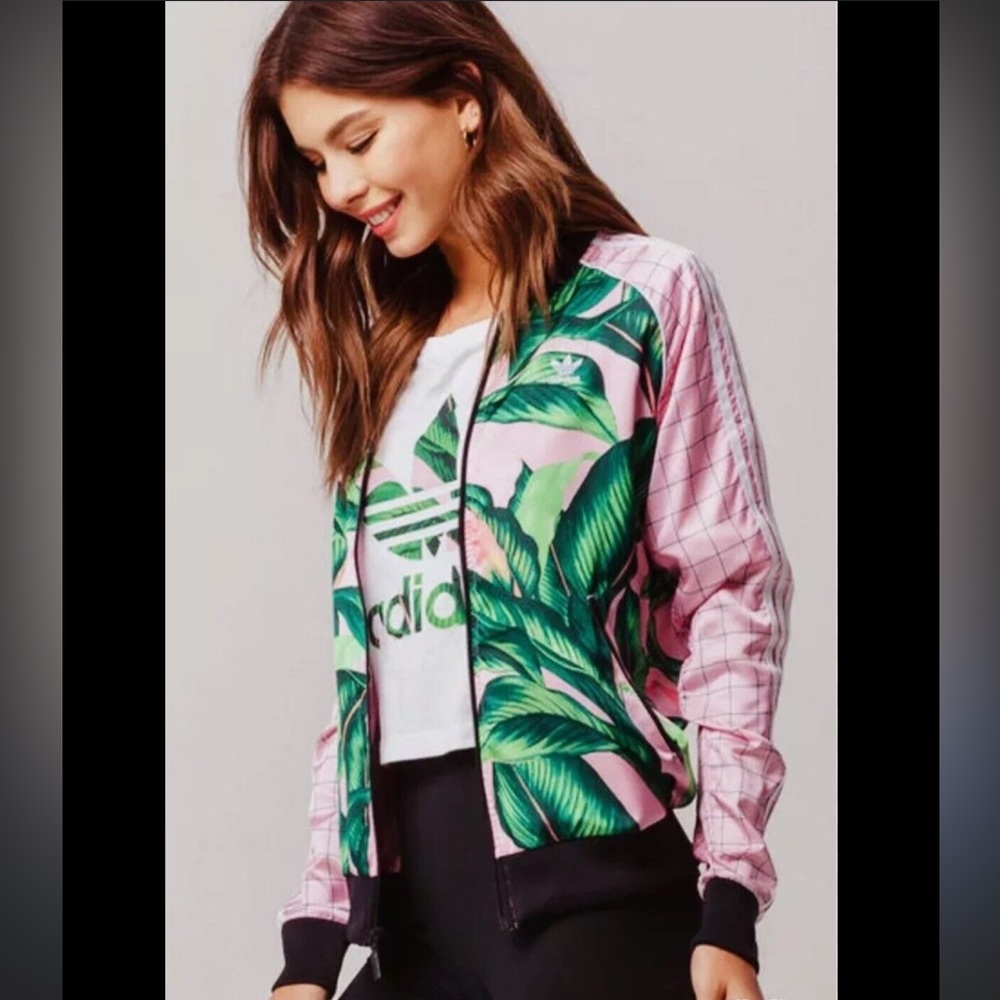 Adidas Women's Pink and Green Leaf Print Jacket